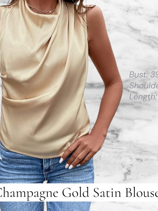 Tops - Sleeveless Satin Drape Neck Top in Champagne Gold